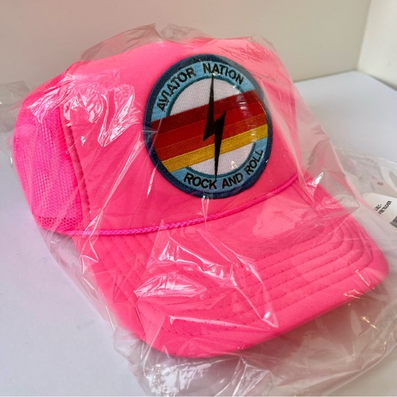 NWT Aviator Nation Neon Pink Trucker Hat Rock & Roll Bolt embroidered patch - Picture 6 of 11